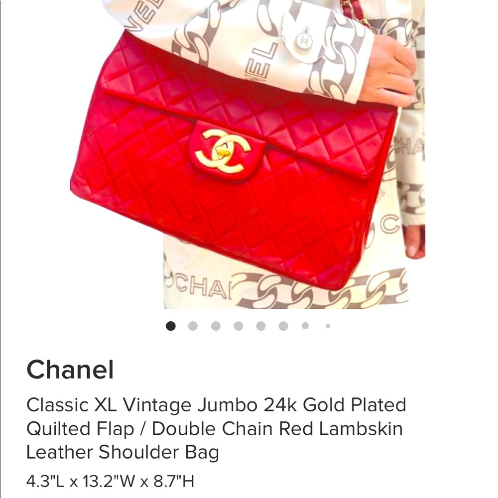 Chanel jumbo XL red classic timeless leather should bag gold chain. CC 24k